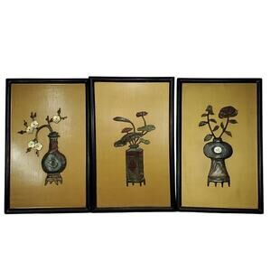 Vintage Chinese Jade Stone Flower Wall Art Set of 3 Wood Framed Panels